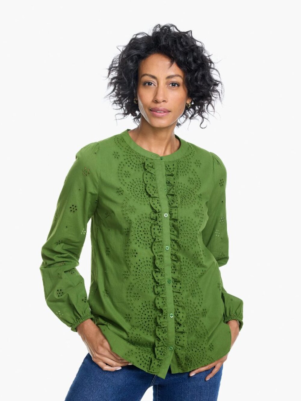 Talbots Olive Eyelet Ruffle Button-Up Blouse Large